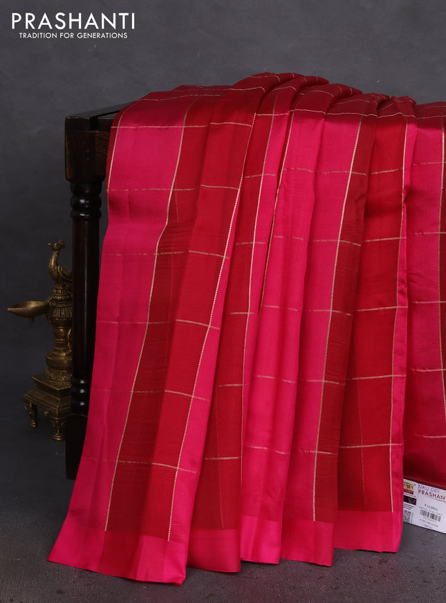 Pure organza silk saree pink and maroon with allover zari checks and simple border
