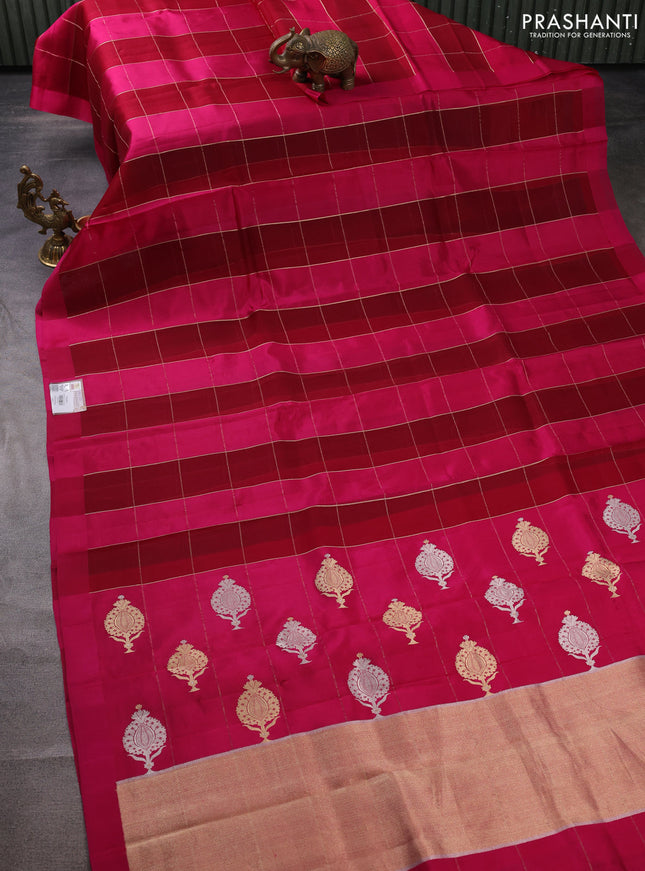 Pure organza silk saree pink and maroon with allover zari checks and simple border