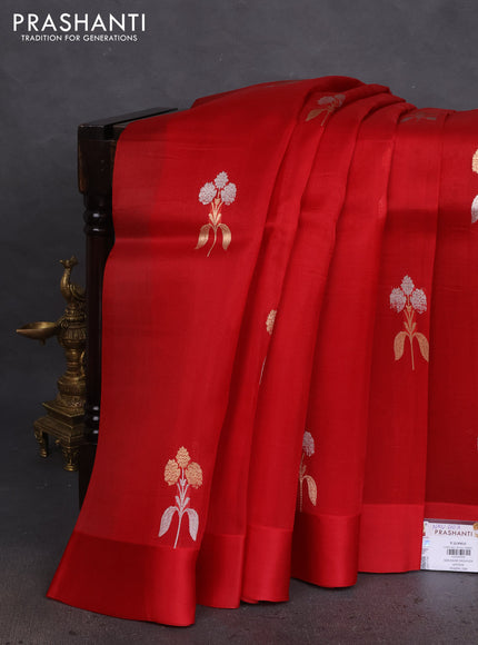 Banarasi organza silk saree maroon with zari woven floral buttas and simple border