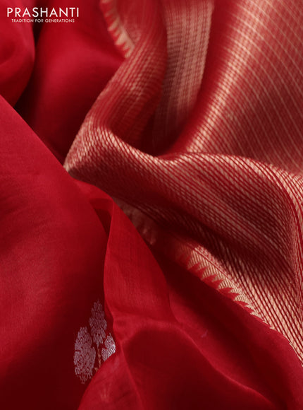 Banarasi organza silk saree maroon with zari woven floral buttas and simple border