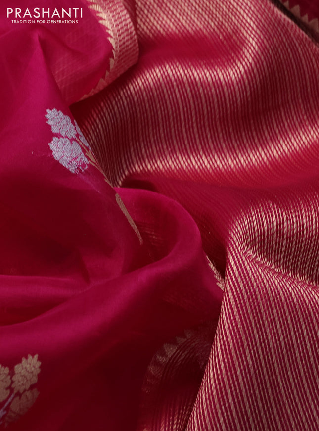 Banarasi organza silk saree pink with zari woven floral buttas and simple border