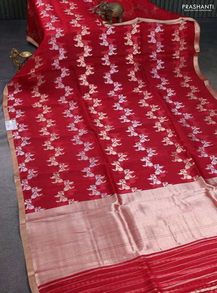 Banarasi organza silk saree maroon with allover silver & gold zari weaves and zari woven border