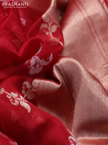 Banarasi organza silk saree maroon with allover silver & gold zari weaves and zari woven border