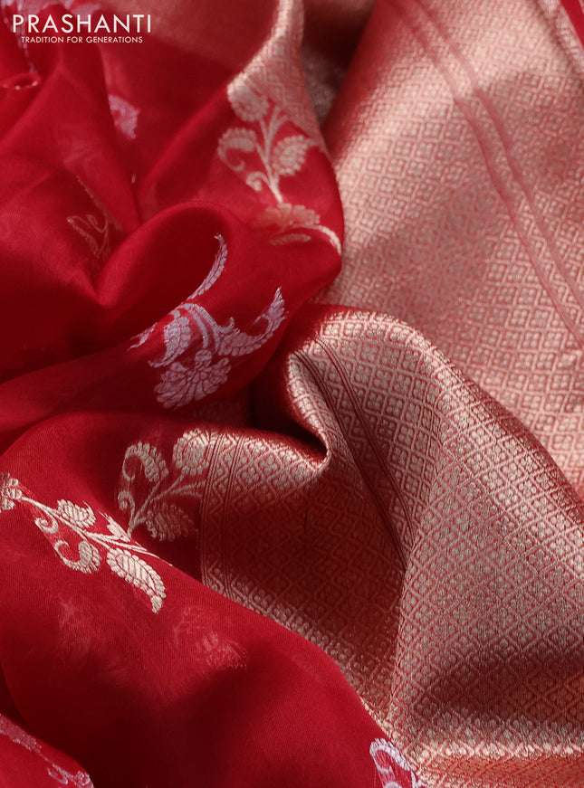 Banarasi organza silk saree maroon with allover silver & gold zari weaves and zari woven border
