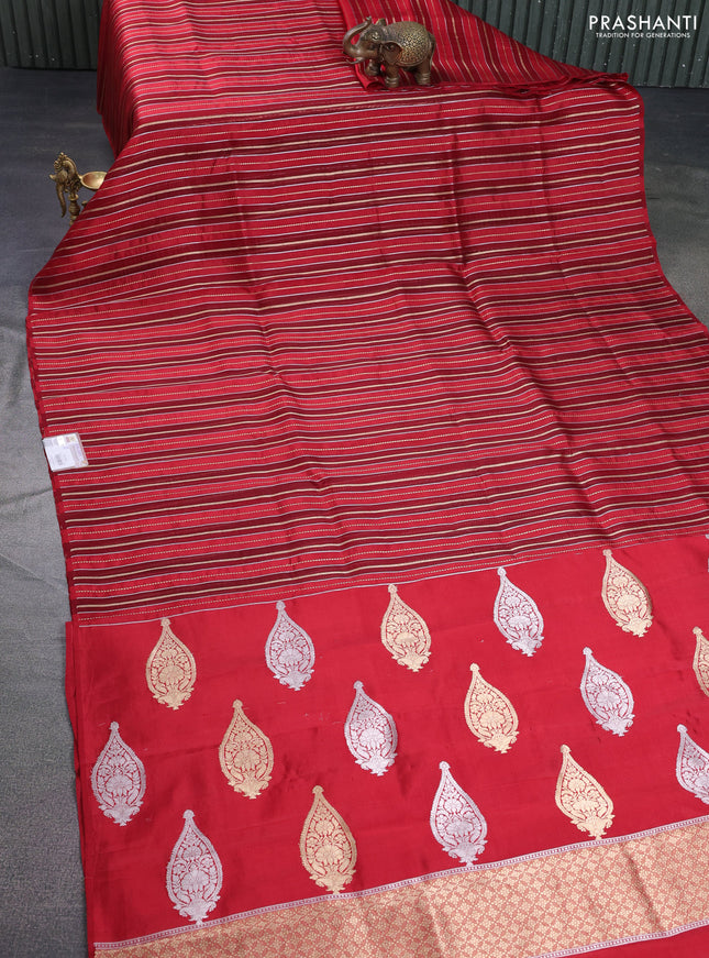Pure organza silk saree maroon and red with allover zari woven stripes pattern in borderless style