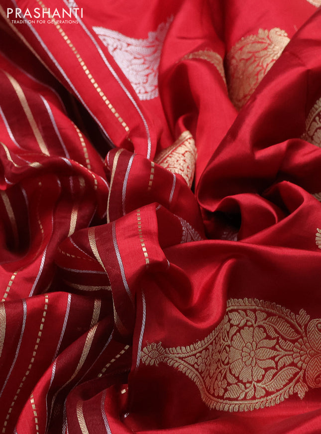Pure organza silk saree maroon and red with allover zari woven stripes pattern in borderless style