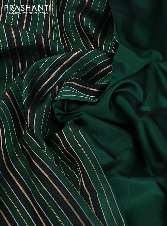 Pure organza silk saree bottle green and green with allover silver & gold zari woven stripe pattern in borderless style
