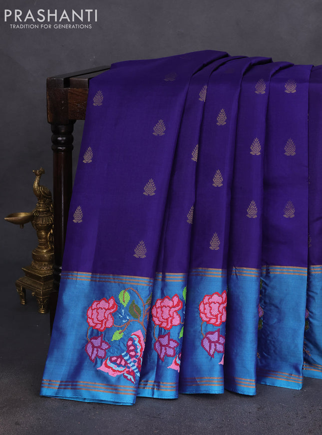 Pure soft silk saree blue and dual shade of blue with zari woven floral buttas and zari woven embroidery butta border