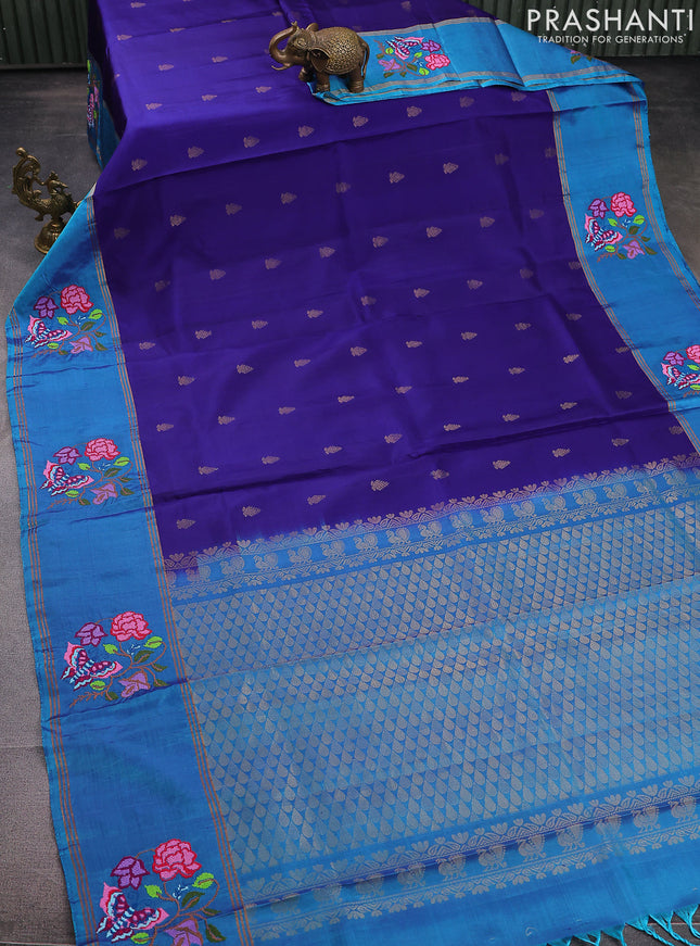 Pure soft silk saree blue and dual shade of blue with zari woven floral buttas and zari woven embroidery butta border