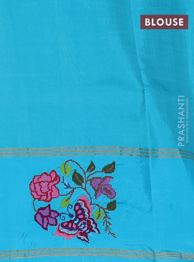 Pure soft silk saree dual shade of teal bluish yellow and teal blue with zari woven floral buttas and zari woven embroidery butta border