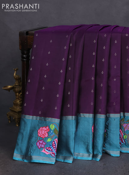 Pure soft silk saree violet and teal blue with allover zari woven buttas and zari woven embroidery butta border