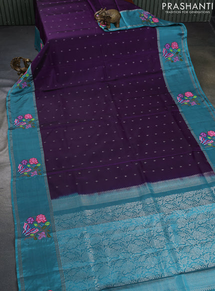 Pure soft silk saree violet and teal blue with allover zari woven buttas and zari woven embroidery butta border