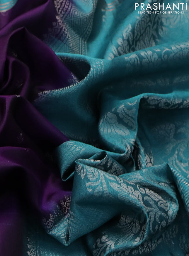 Pure soft silk saree violet and teal blue with allover zari woven buttas and zari woven embroidery butta border
