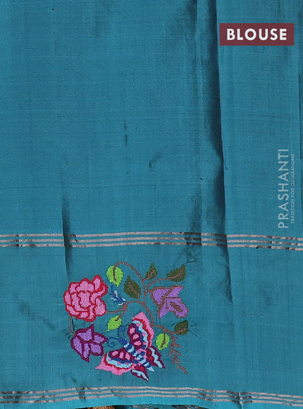 Pure soft silk saree violet and teal blue with allover zari woven buttas and zari woven embroidery butta border