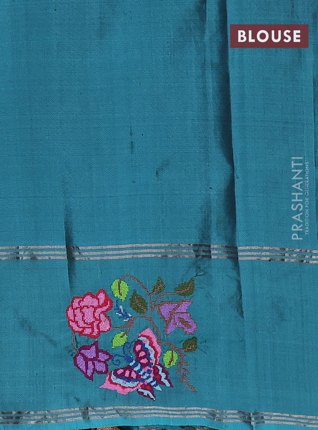 Pure soft silk saree violet and teal blue with allover zari woven buttas and zari woven embroidery butta border