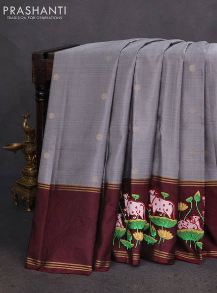 Pure soft silk saree grey and deep maroon with zari woven floral buttas and zari woven pichwai embroidery butta border