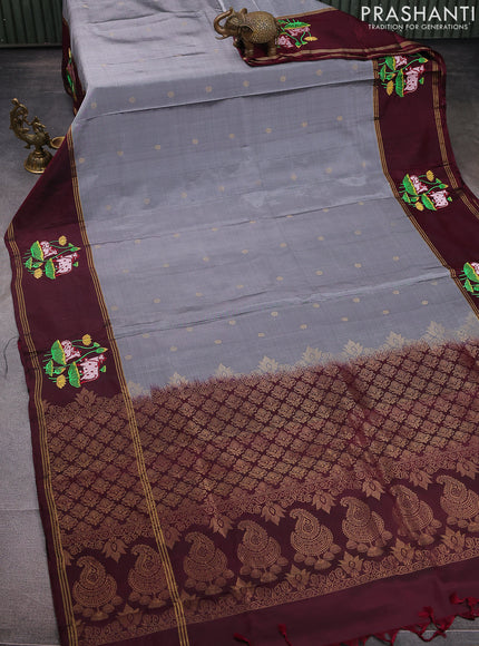 Pure soft silk saree grey and deep maroon with zari woven floral buttas and zari woven pichwai embroidery butta border
