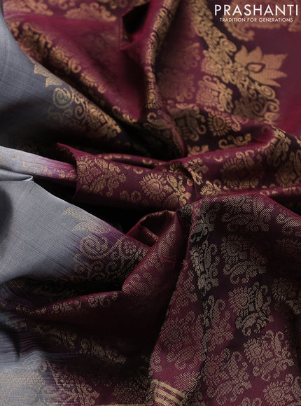 Pure soft silk saree grey and deep maroon with zari woven floral buttas and zari woven pichwai embroidery butta border
