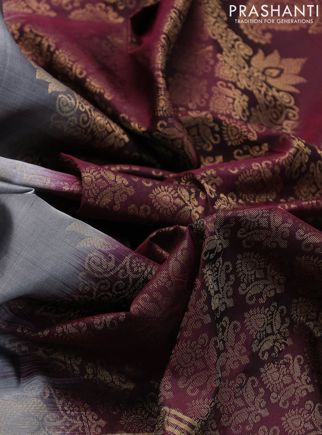 Pure soft silk saree grey and deep maroon with zari woven floral buttas and zari woven pichwai embroidery butta border