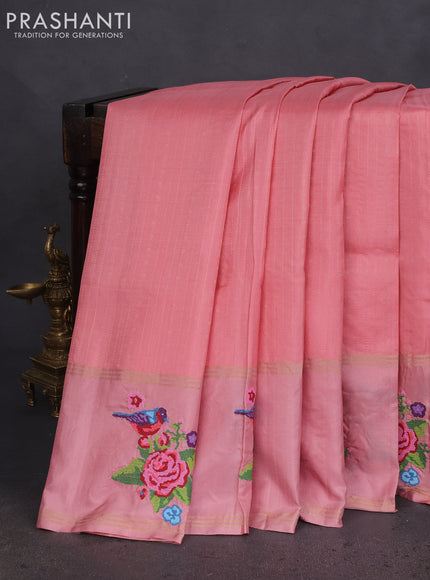 Pure soft silk saree peach pink and peastel peach pink with allover zari weaves and zari woven embroidery butta border