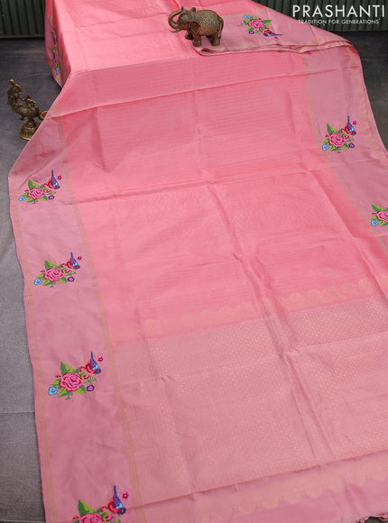 Pure soft silk saree peach pink and peastel peach pink with allover zari weaves and zari woven embroidery butta border