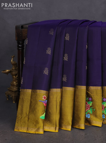 Pure soft silk saree blue and mustard yellow with zari woven floral buttas and zari woven embroidery butta border
