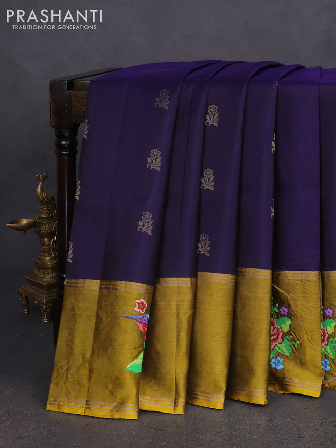 Pure soft silk saree blue and mustard yellow with zari woven floral buttas and zari woven embroidery butta border