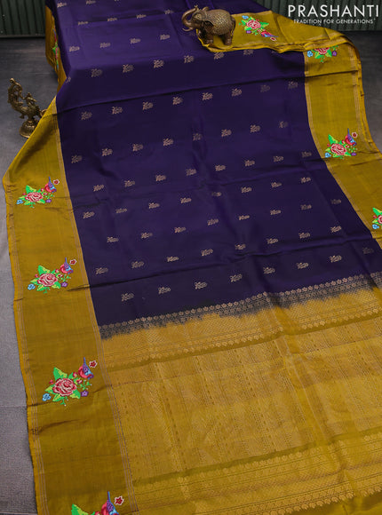 Pure soft silk saree blue and mustard yellow with zari woven floral buttas and zari woven embroidery butta border