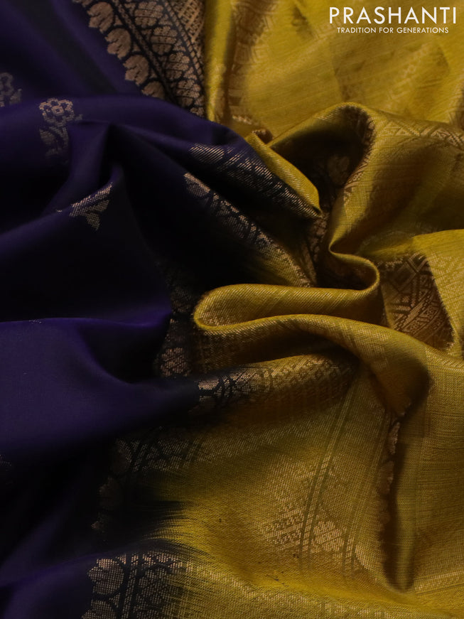 Pure soft silk saree blue and mustard yellow with zari woven floral buttas and zari woven embroidery butta border