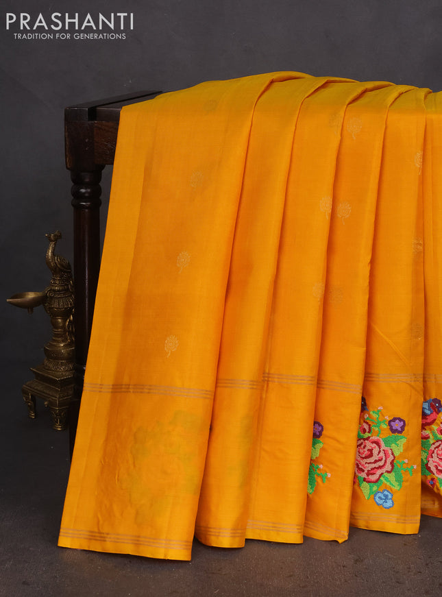 Pure soft silk saree mango yellow with zari woven floral buttas and zari woven embroidery butta border