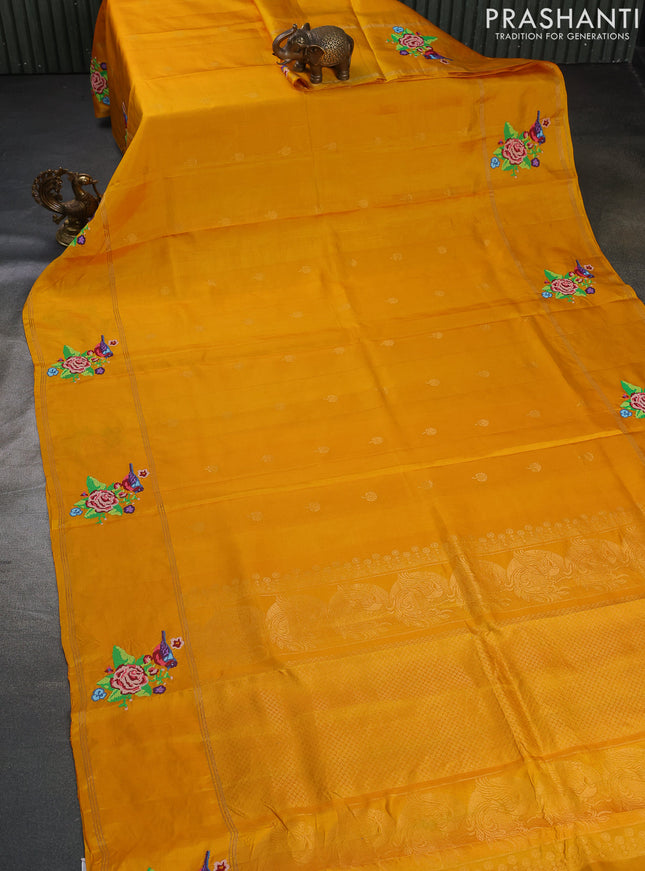 Pure soft silk saree mango yellow with zari woven floral buttas and zari woven embroidery butta border