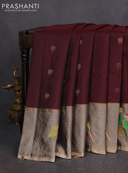Pure soft silk saree deep maroon and chikku shade with zari woven floral buttas and zari woven embroidery butta border