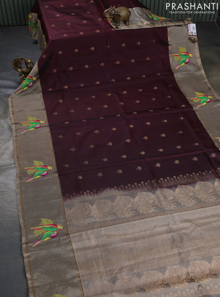 Pure soft silk saree deep maroon and chikku shade with zari woven floral buttas and zari woven embroidery butta border