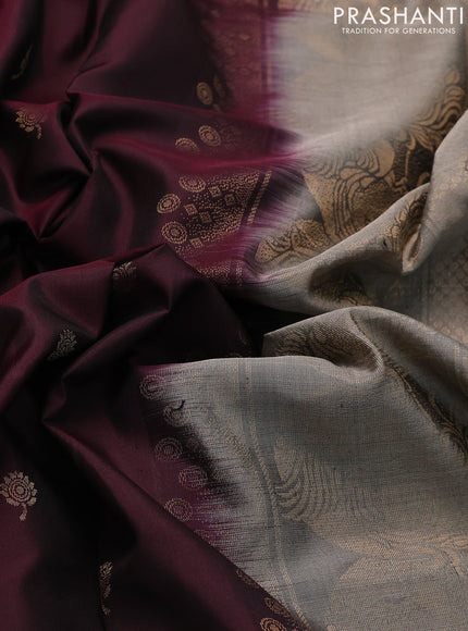 Pure soft silk saree deep maroon and chikku shade with zari woven floral buttas and zari woven embroidery butta border