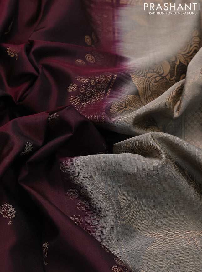 Pure soft silk saree deep maroon and chikku shade with zari woven floral buttas and zari woven embroidery butta border