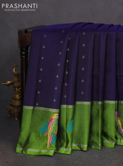 Pure soft silk saree blue and light green with allover silver zari woven buttas and zari woven embroidery butta border