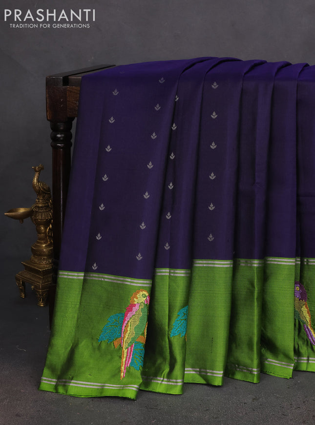 Pure soft silk saree blue and light green with allover silver zari woven buttas and zari woven embroidery butta border