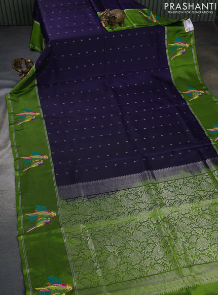 Pure soft silk saree blue and light green with allover silver zari woven buttas and zari woven embroidery butta border