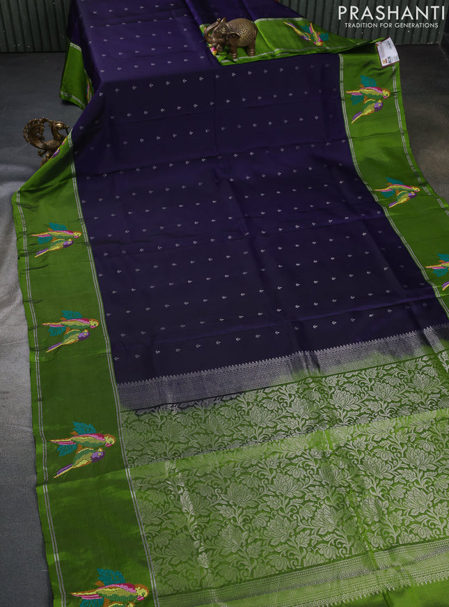 Pure soft silk saree blue and light green with allover silver zari woven buttas and zari woven embroidery butta border