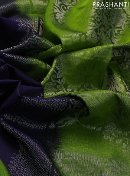 Pure soft silk saree blue and light green with allover silver zari woven buttas and zari woven embroidery butta border