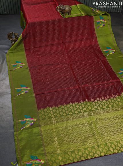 Pure soft silk saree maroon and green with allover zari weaves and zari woven parrot embroidery butta border