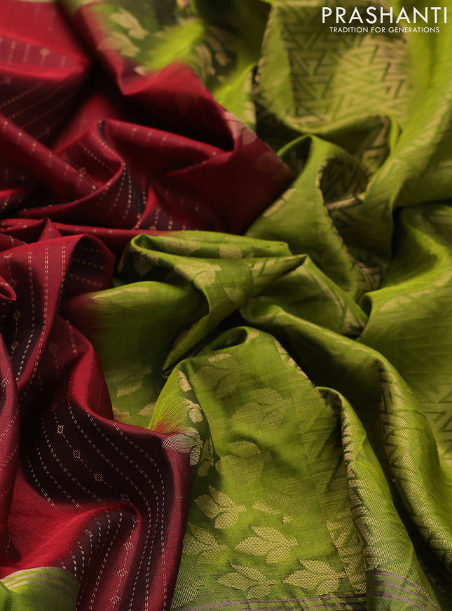 Pure soft silk saree maroon and green with allover zari weaves and zari woven parrot embroidery butta border