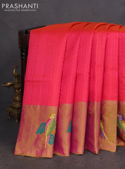 Pure soft silk saree dual shade of candy pink and dual shade of green with allover zari weaves and zari woven parrot embroidery butta border