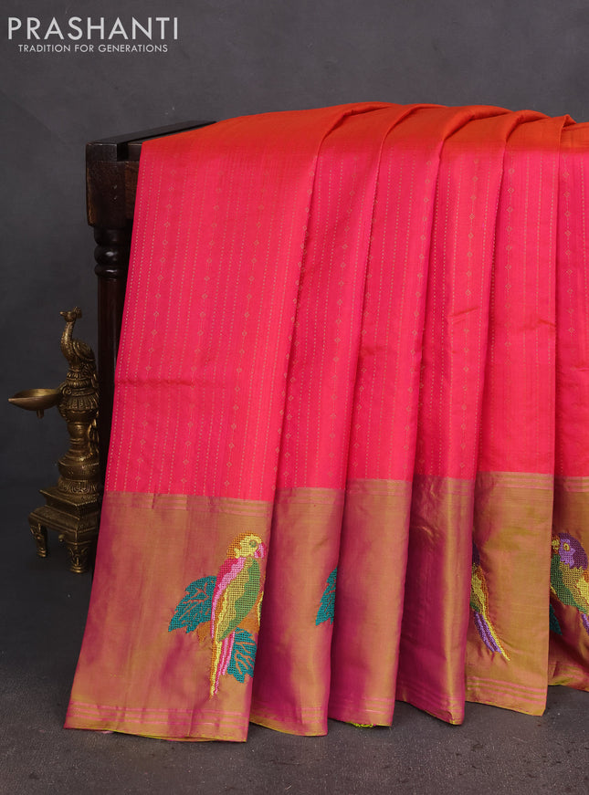 Pure soft silk saree dual shade of candy pink and dual shade of green with allover zari weaves and zari woven parrot embroidery butta border