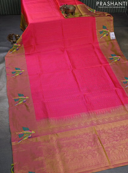 Pure soft silk saree dual shade of candy pink and dual shade of green with allover zari weaves and zari woven parrot embroidery butta border