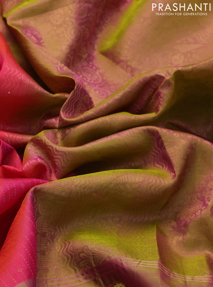 Pure soft silk saree dual shade of candy pink and dual shade of green with allover zari weaves and zari woven parrot embroidery butta border