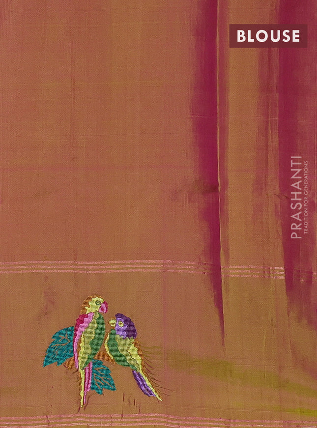 Pure soft silk saree dual shade of candy pink and dual shade of green with allover zari weaves and zari woven parrot embroidery butta border