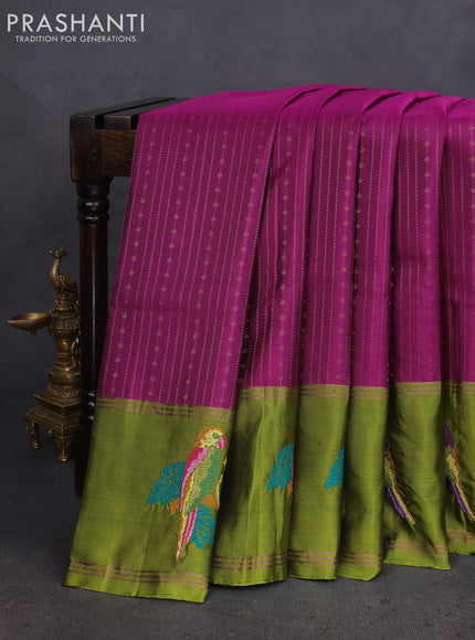 Pure soft silk saree purple and light green with allover zari weaves and zari woven parrot embroidery butta border