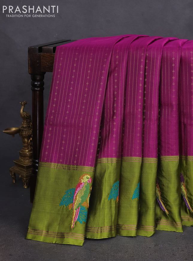 Pure soft silk saree purple and light green with allover zari weaves and zari woven parrot embroidery butta border