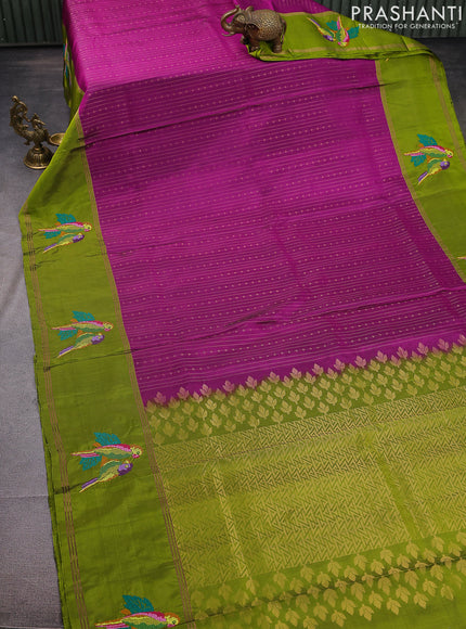 Pure soft silk saree purple and light green with allover zari weaves and zari woven parrot embroidery butta border
